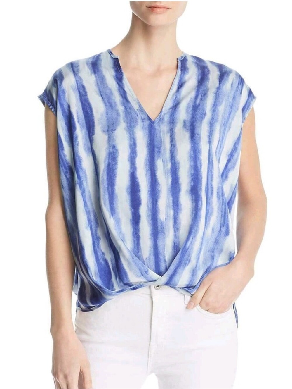 Kenneth Cole Satin Blue Tie Dye Stripe Cap Sleeves V-Neck Blouse Top Shirt M